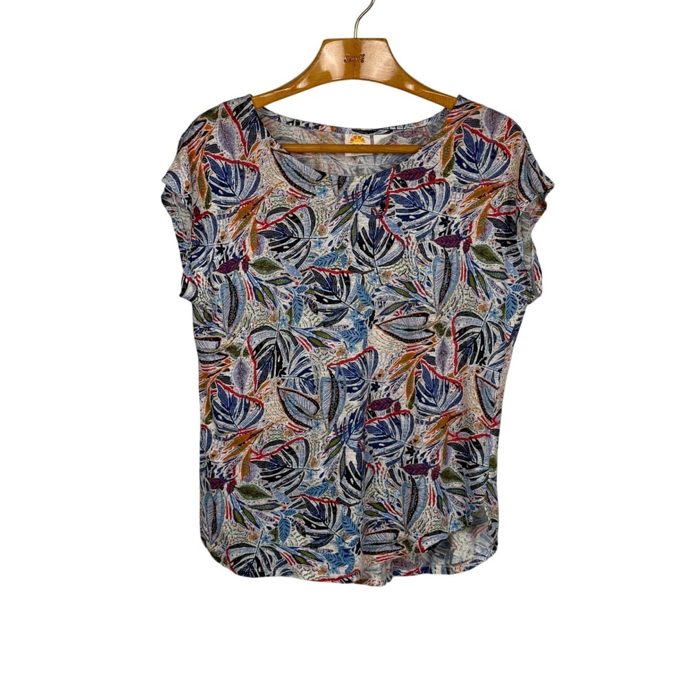 C&C California Womens XL 100% Linen Tropical Leaf Print Cap Sleeve Tee Summer